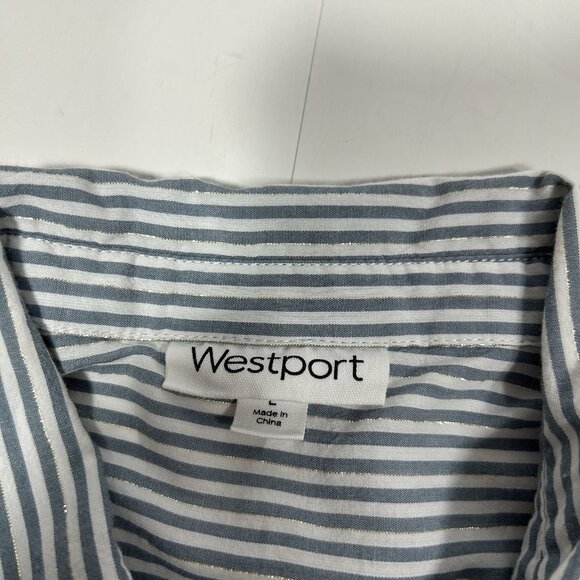 Westport Women Button Up Shirt Top Gray Striped Metallic Embroidered Floral Sz L - Picture 5 of 7